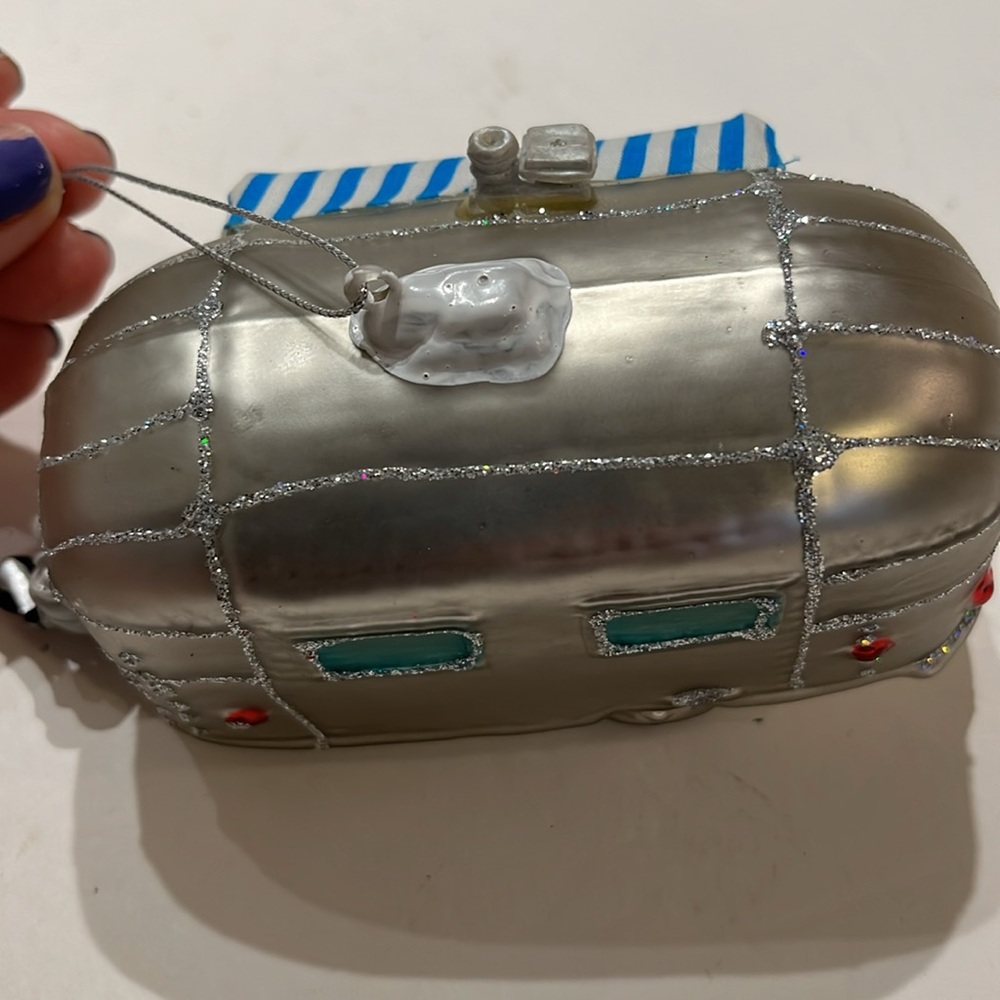 Air Stream Camper Christmas ornament, silver/gray 5” vacation trailer glass. - Picture 3 of 6